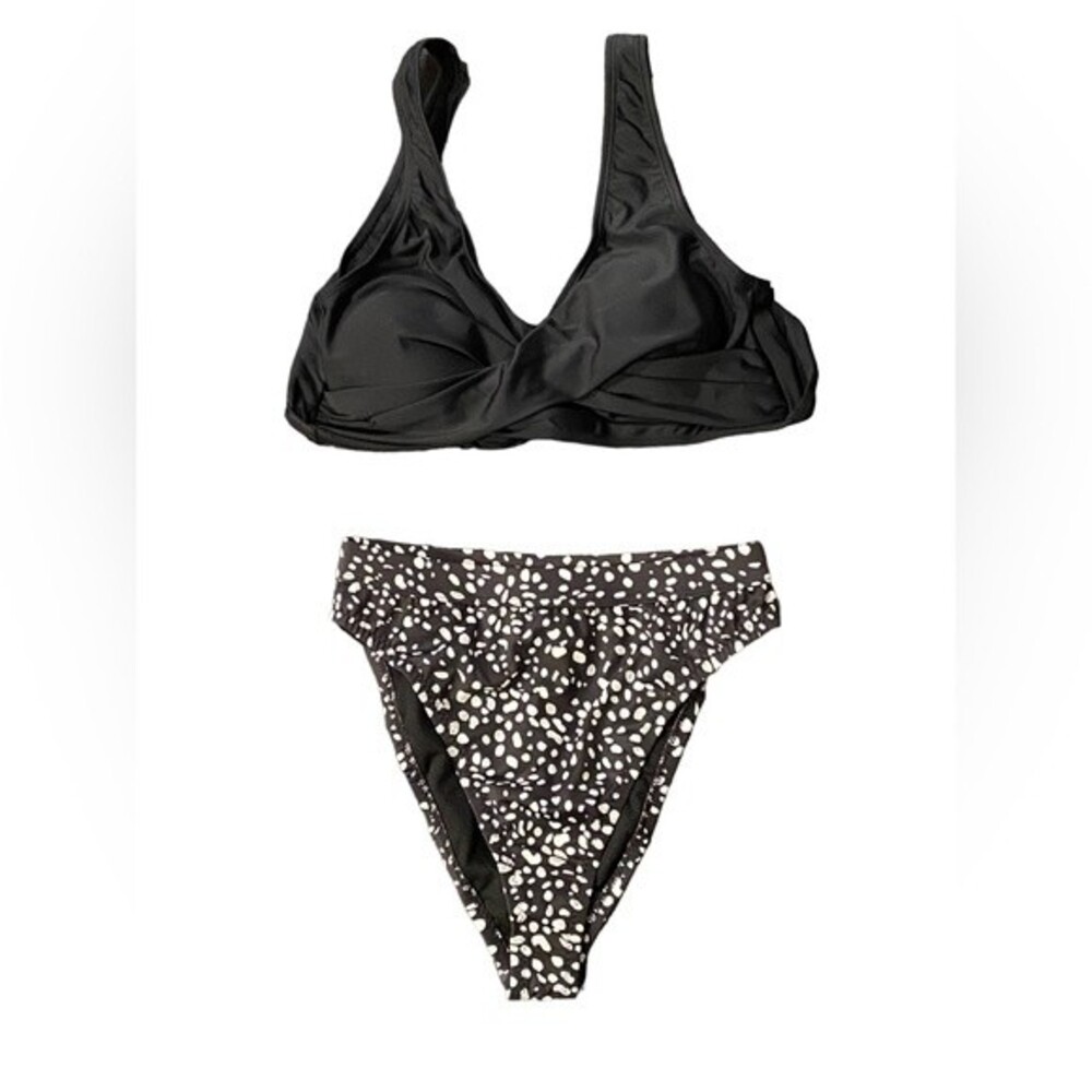 New black solid bikini top polka dot high waist, high cut bikini bottom size S